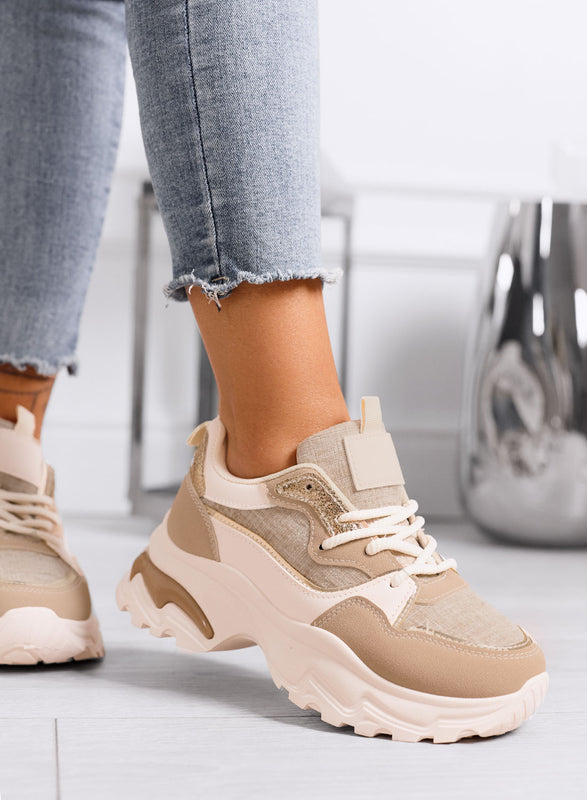 TRILLY - Sneakers chunky beige con dettagli oro e maxi suola