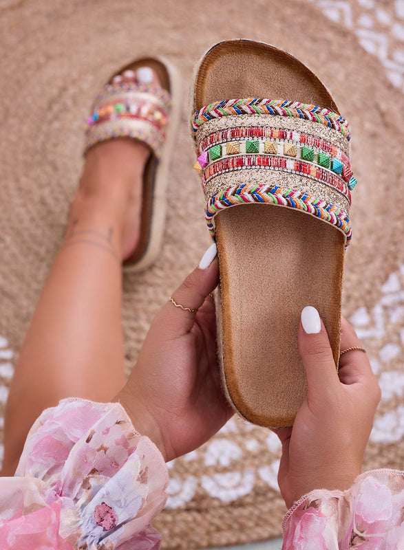 LIARS - Beige slipper sandals with wedge and multicolor studs