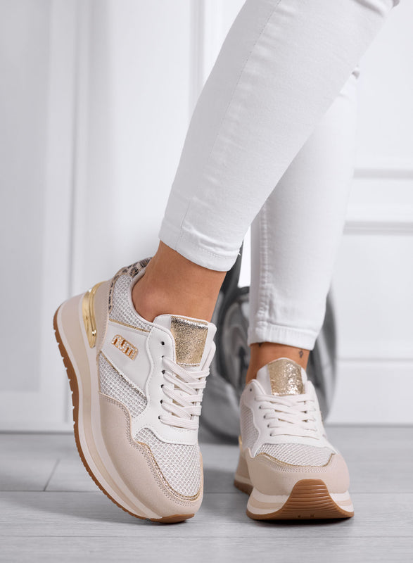 GIADA - Sneakers Beige con Inserti Rete e Dettagli Oro