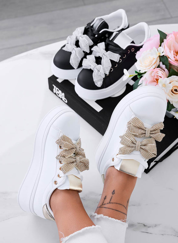 DEZZY - White sneakers with gold rhinestone bows