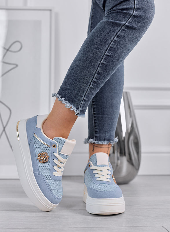 CLARA - Blue Platform Sneakers with Woven Inserts and Gold Details