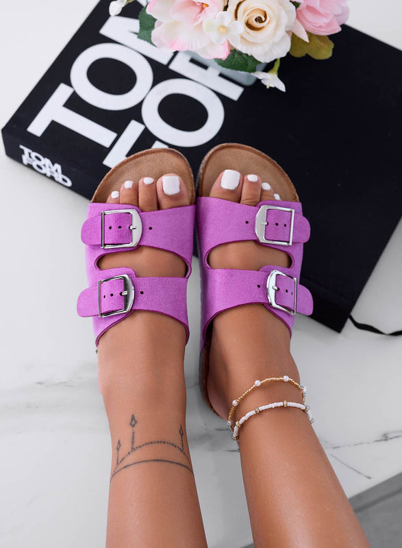 ROXY - Purple Suede Buckle Slide Sandals