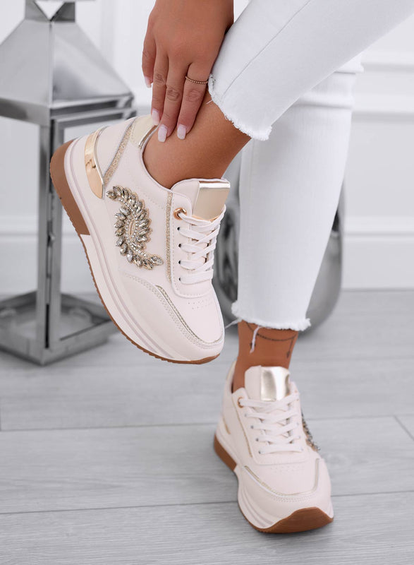 REGINA - Beige sneakers with gold jewel application