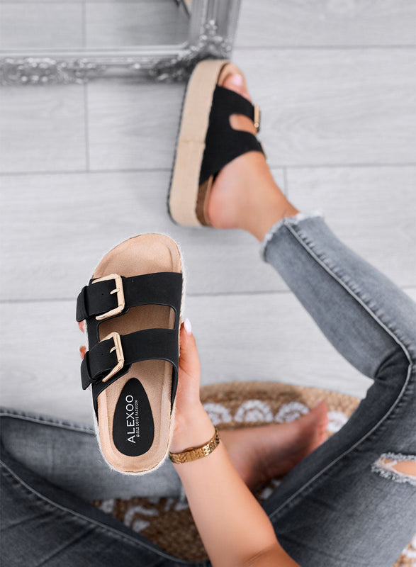DANIEL – Black platform slide sandals with double buckle and rope sole