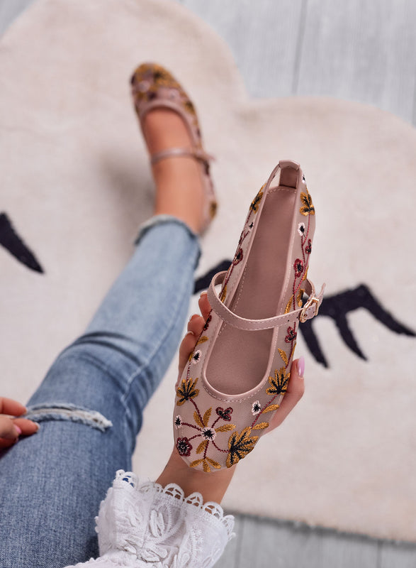 FLORA - Pink ballet flats in embroidered voile with strap and floral details