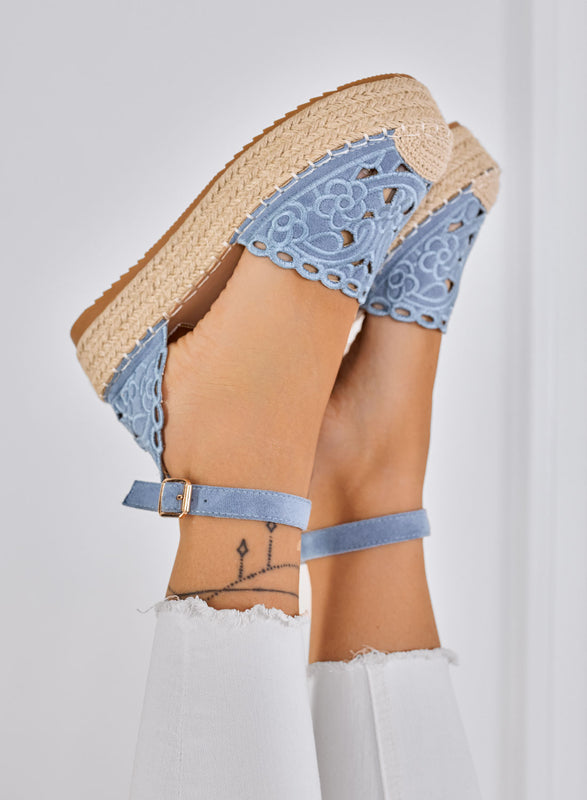 CRISTY - Blue embroidered espadrilles with ankle strap and rope platform sole