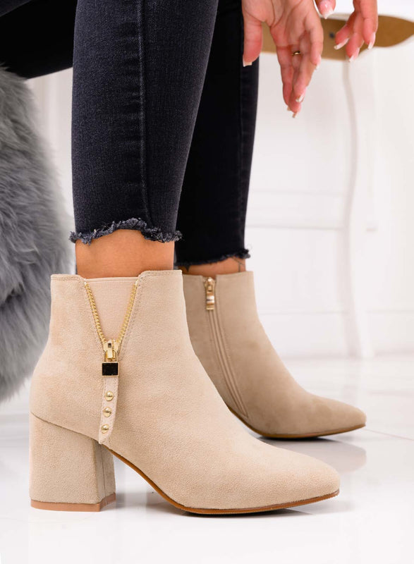 NICOLE - Beige ankle boots with block heel and golden zip Silvia Gala