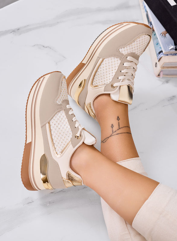MELEK - Beige sneakers with gold inserts and platform sole