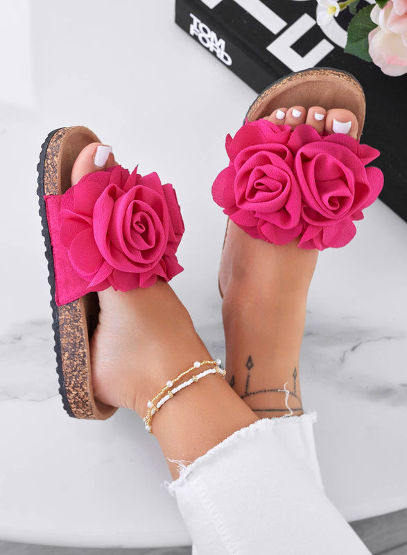 SUMMER - Fuchsia slipper sandals with applied flowers