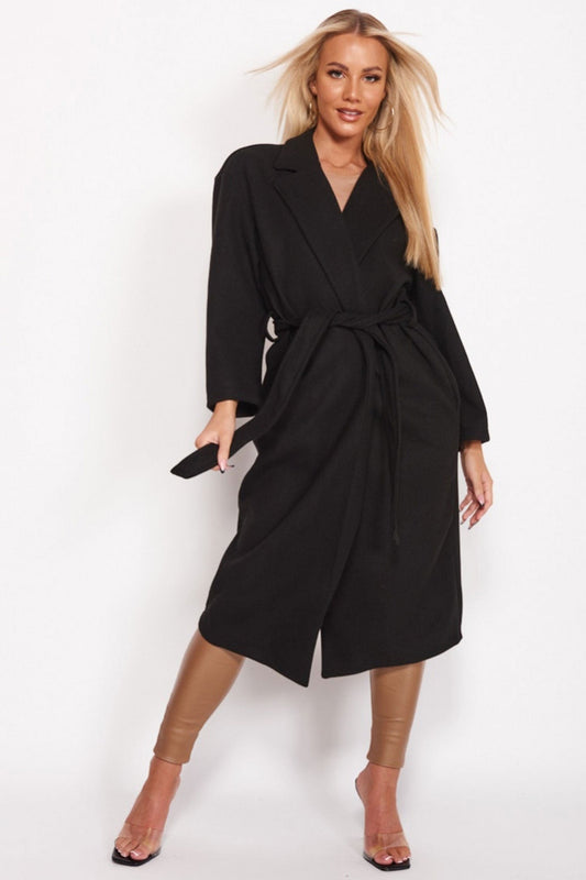 Black long coat with waist drawstring