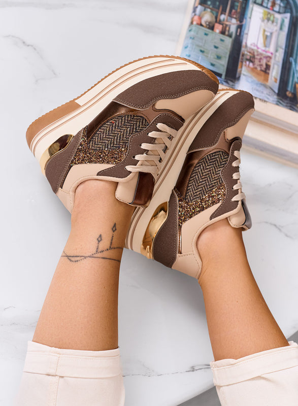 RUBINA - Brown sneakers with glitter and metallic details