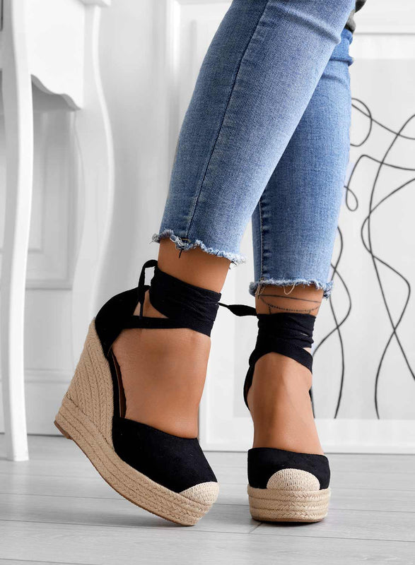 AMBRA - Black espadrilles with rope and lace wedge