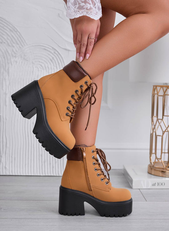 Bottines style militaire jaune moutarde avec semelle compensée