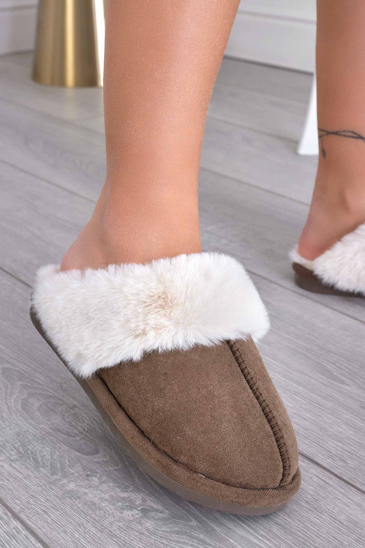 LEAH - Padded brown slippers with faux fur trim