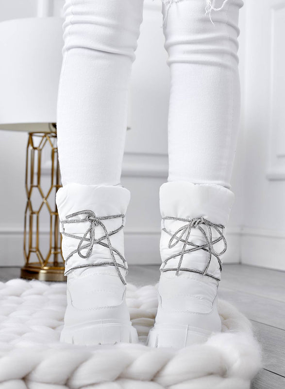 TINA - White padded ankle boots with rhinestone laces