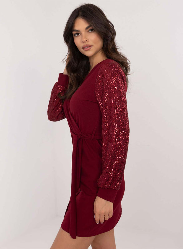 Burgundy dress with sequin sleeves