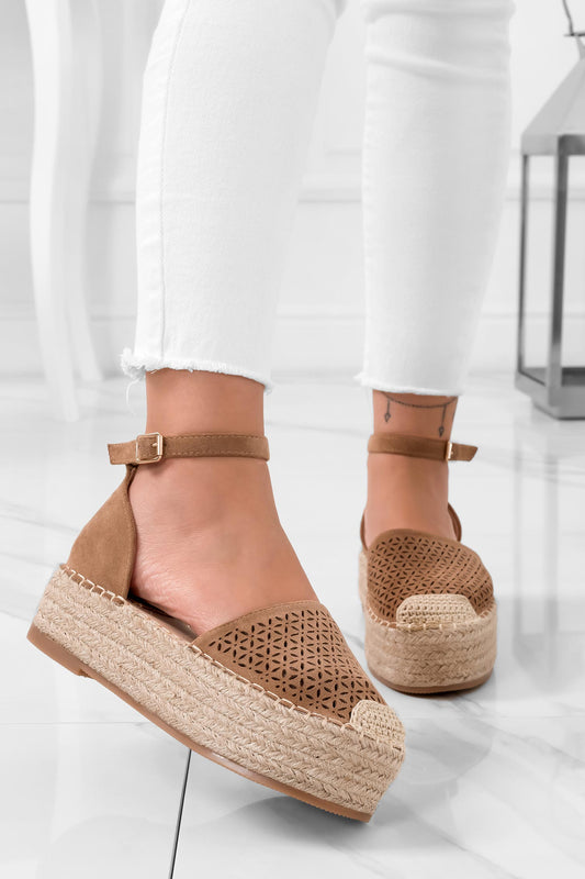 LAUREN - Camel perforated espadrilles with strap
