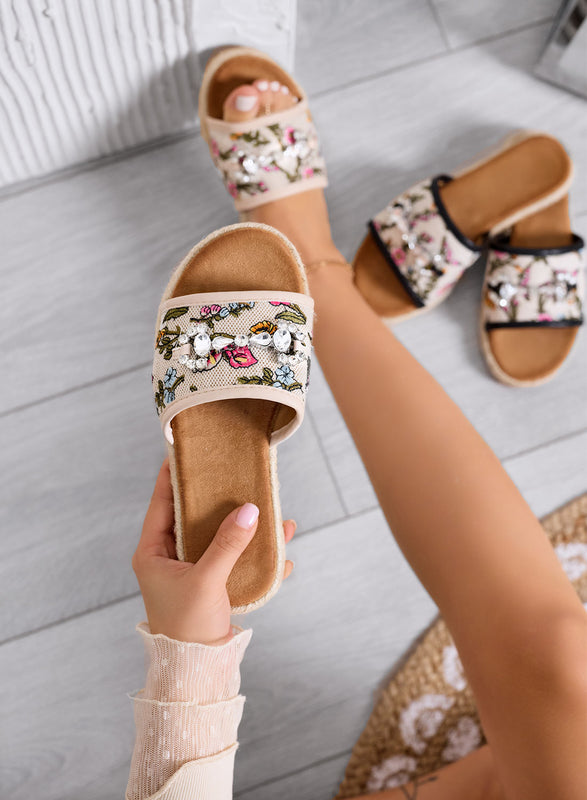 KATIA - Beige sandals Slippers with floral print and jeweled stones