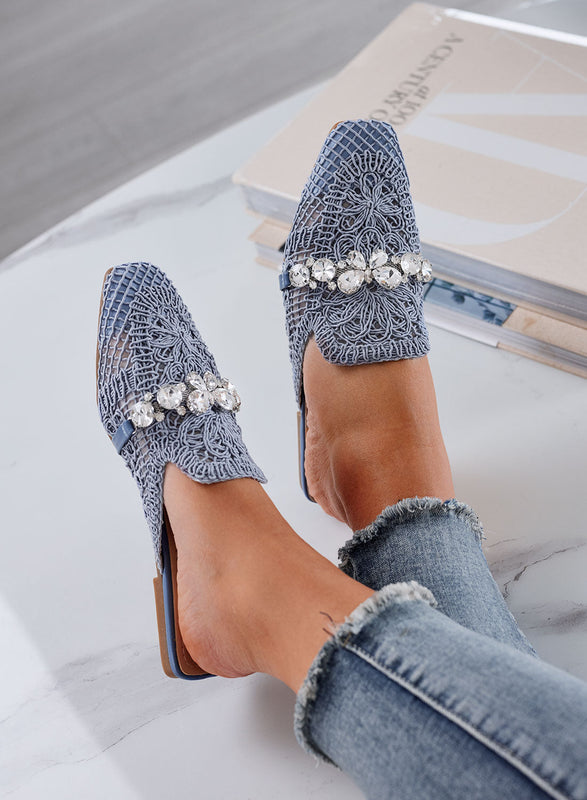 ORIETTA - Light blue lace mules with rhinestones and square toe