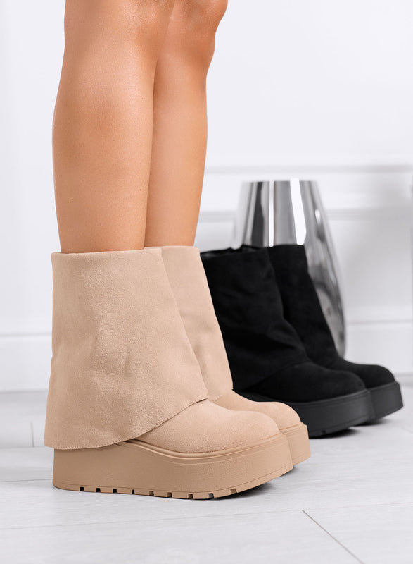 TIBERIA - Beige suede ankle boots with cuff and wedge heel