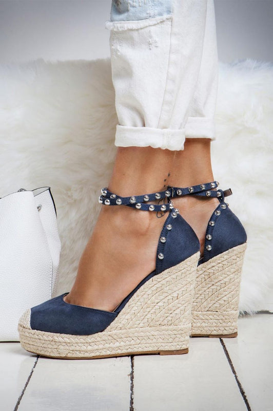 DOMINIC - Blue espadrilles with high wedge and studs