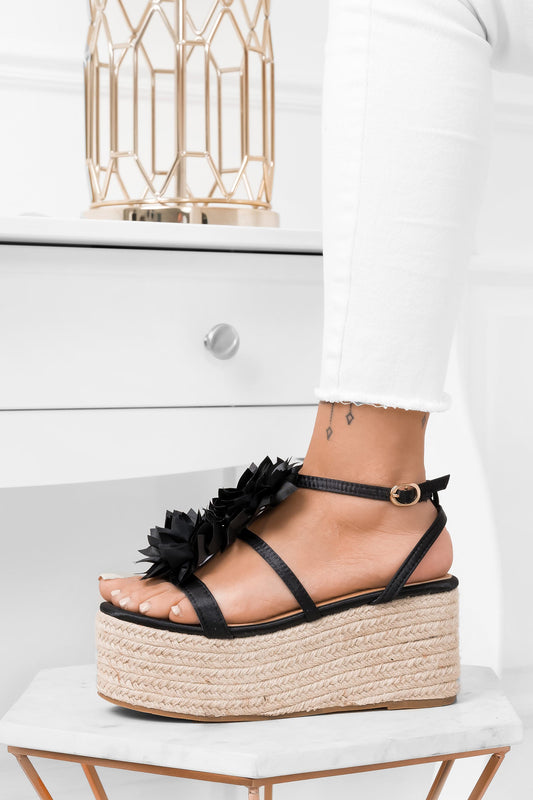 JANIS - Black satin espadrilles sandals with wedge and flower