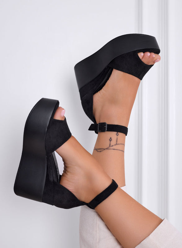 PENNY - Black suede platform sandals with ankle strap