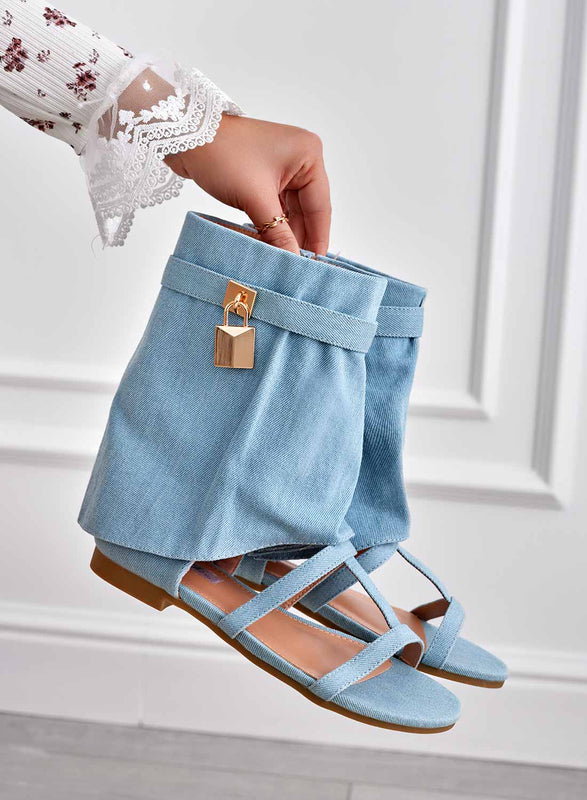 SURY - Blue denim flat sandals with turn-up