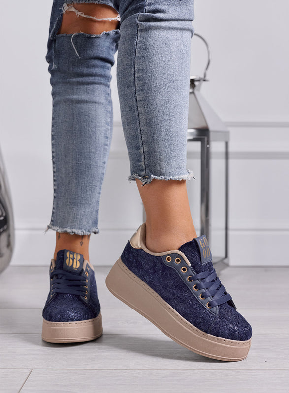SERENA - Sneakers Donna blu con Pizzo e Suola Platform