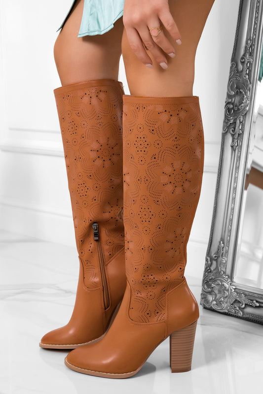 CHANTAL - Camel perforated faux leather boots with block heel