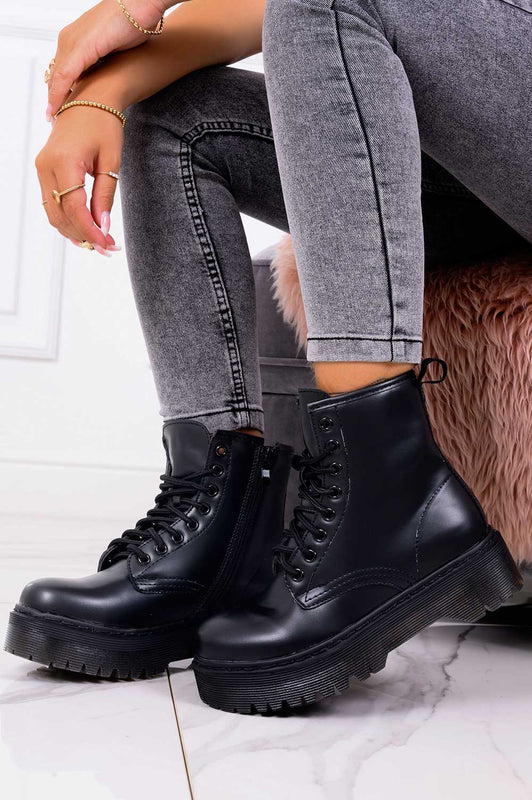 DENVER - Black faux leather ankle boots with laces