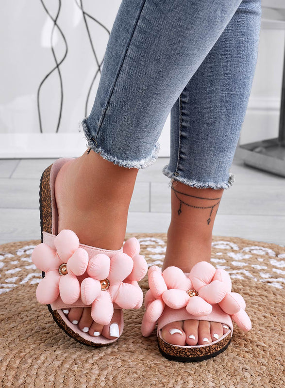 BARBARA - Sandalias tipo chancla rosas con flores suaves