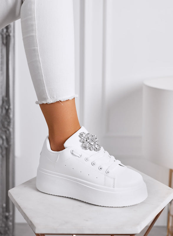 RONNIE - White platform sneakers with large silver jeweled flower