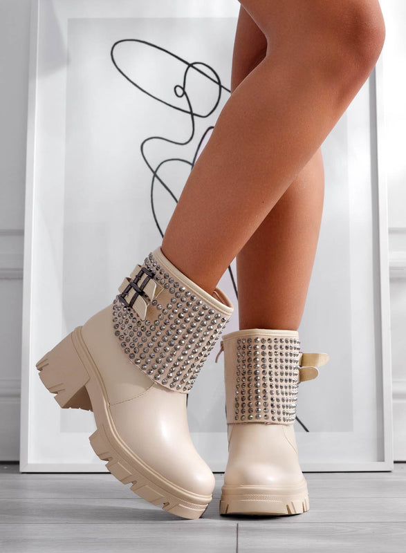 IVANKA - Beige ankle boots with buckles and rhinestones