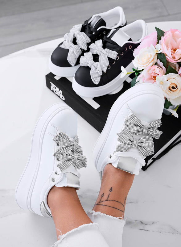 DEZZY - White sneakers with silver rhinestone bows