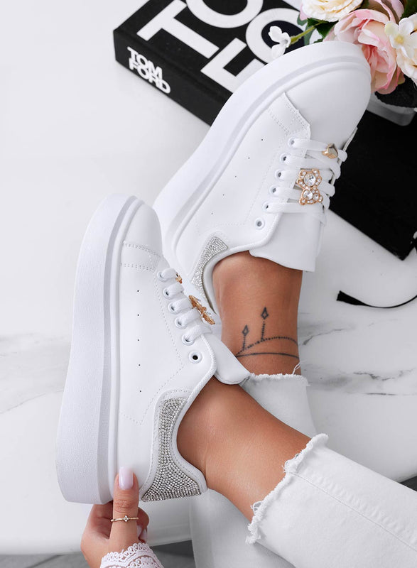 LAURA - White sneakers with jewel application and silver rhinestone back