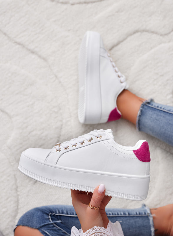 CARRY - Alexoo White Sneakers with gold trim and fuchsia back