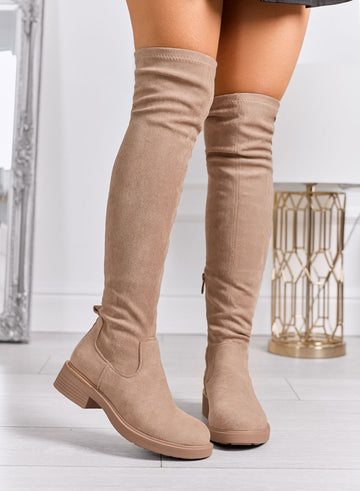 SANDY - High taupe thigh boots in stretch fabric
