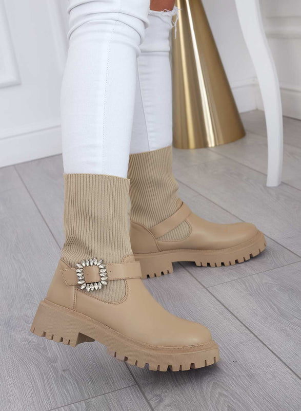 MINERVA - Beige fabric ankle boots with jewel buckle