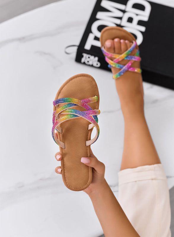 MEDDY - Sandales multicolores à enfiler avec brides ornées de strass