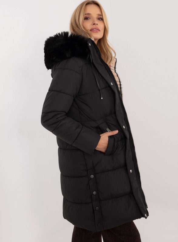 Long black padded jacket with faux fur hood