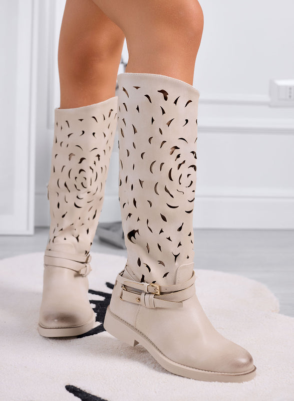 DIANA - Beige perforated women's boots with strap