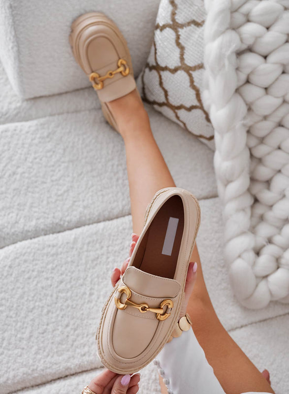 AGNESE - Beige loafers with gold buckle