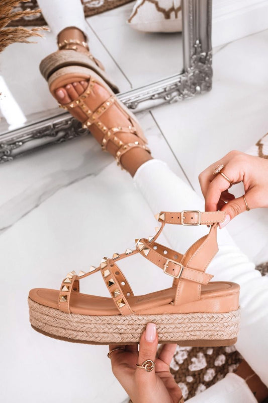 LOREEN - Beige espadrilles sandals with golden studs and wedge