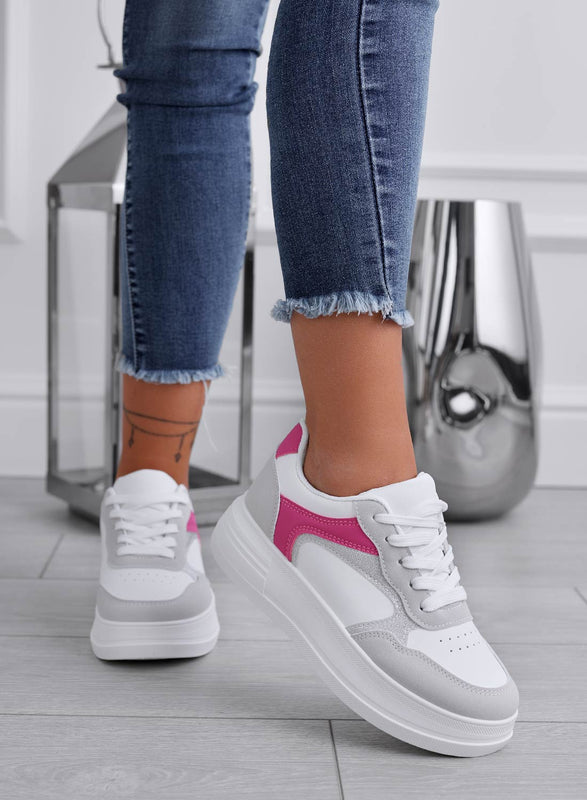 FRIDA - White sneakers with grey and fuchsia inserts