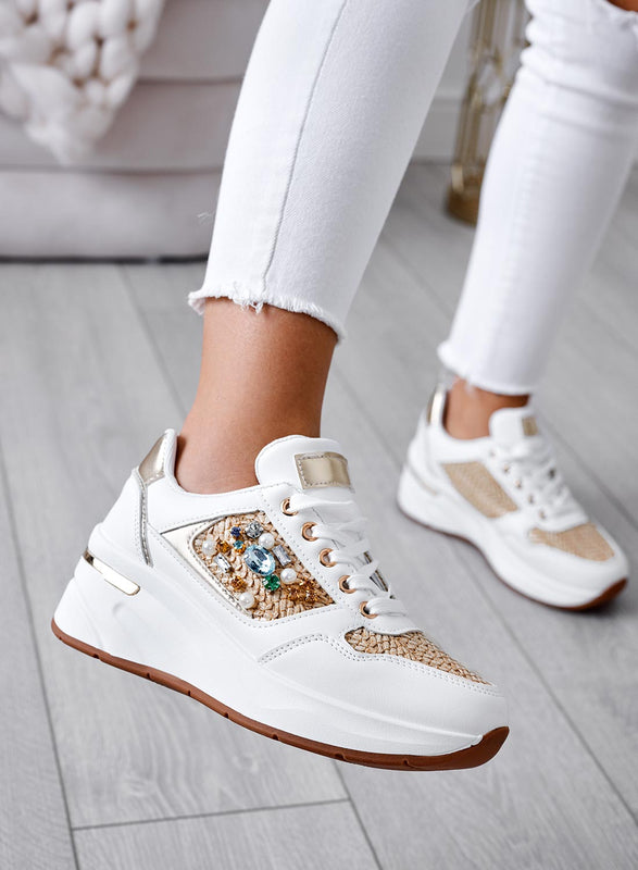 COOPER - White sneakers with fabric and jewel inserts