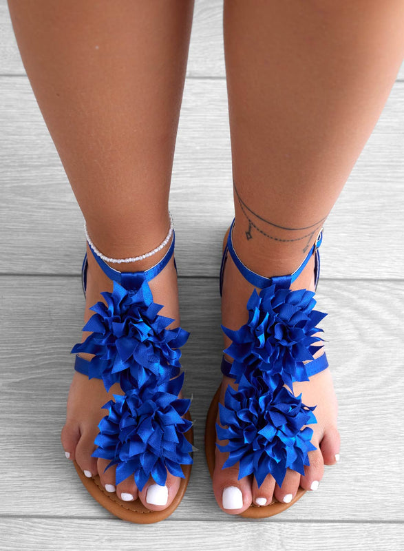 CONNIE - Blue satin thong sandals with applied flower