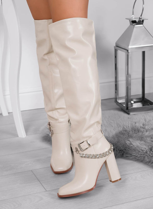 ALESSANDRA - Cuissardes beiges Alexoo avec chaîne en strass