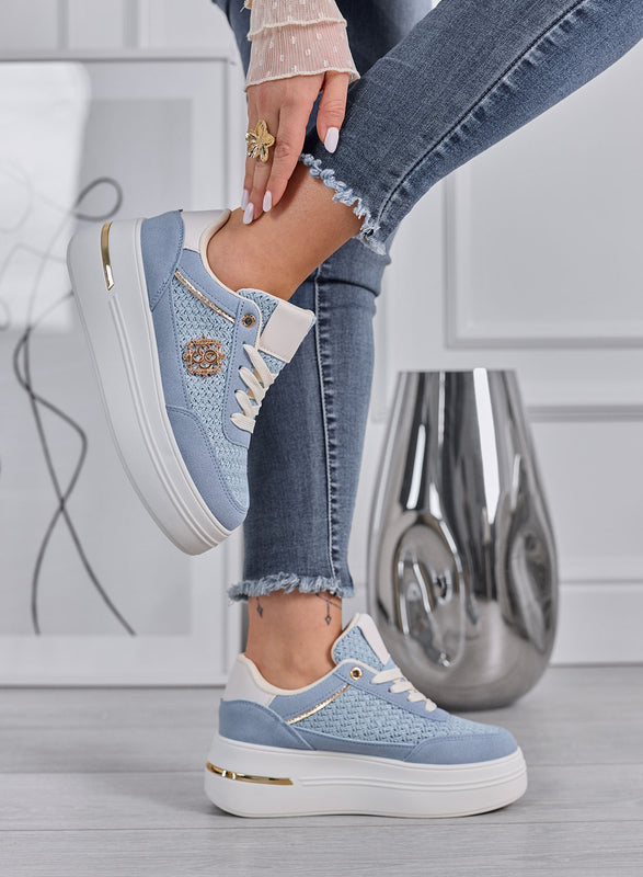 CLARA - Blue Platform Sneakers with Woven Inserts and Gold Details