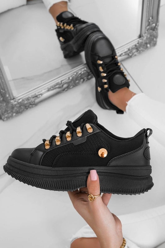 ELVIRA - Black sneakers with button and hooks in golden